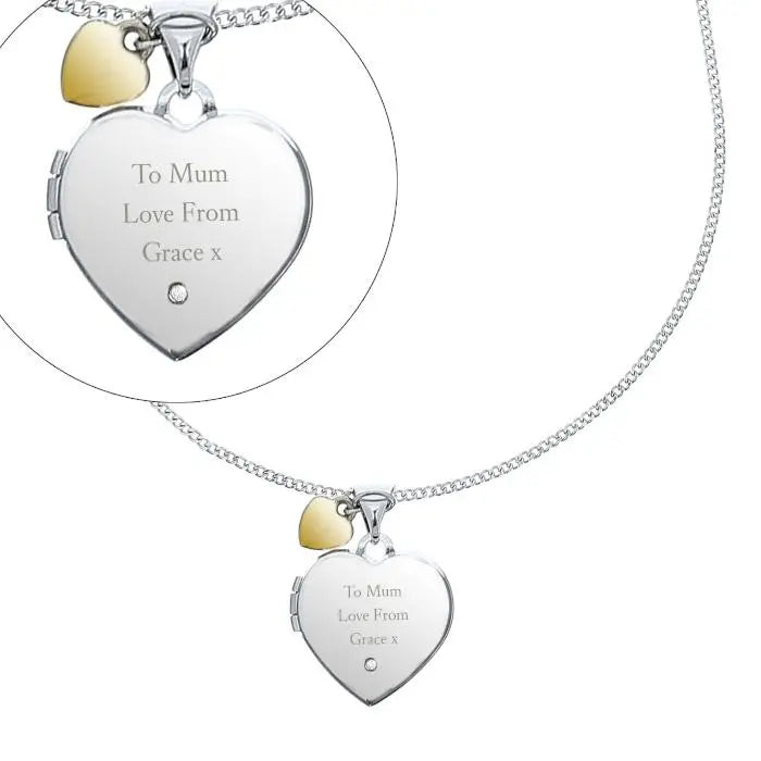 Personalised Sterling Silver Heart Locket Necklace with Diamond and 9ct Gold Charm: 4 - Necklaces By Gift Moments
