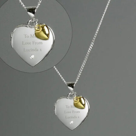 Personalised Sterling Silver Heart Locket Necklace with Diamond and 9ct Gold Charm: 2 - Necklaces By Gift Moments