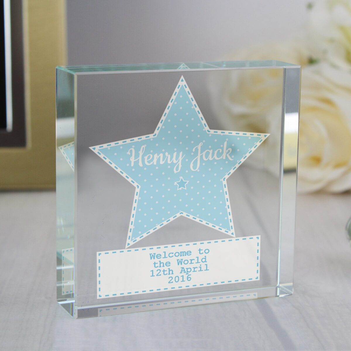Personalised stitch dot baby boy crystal token