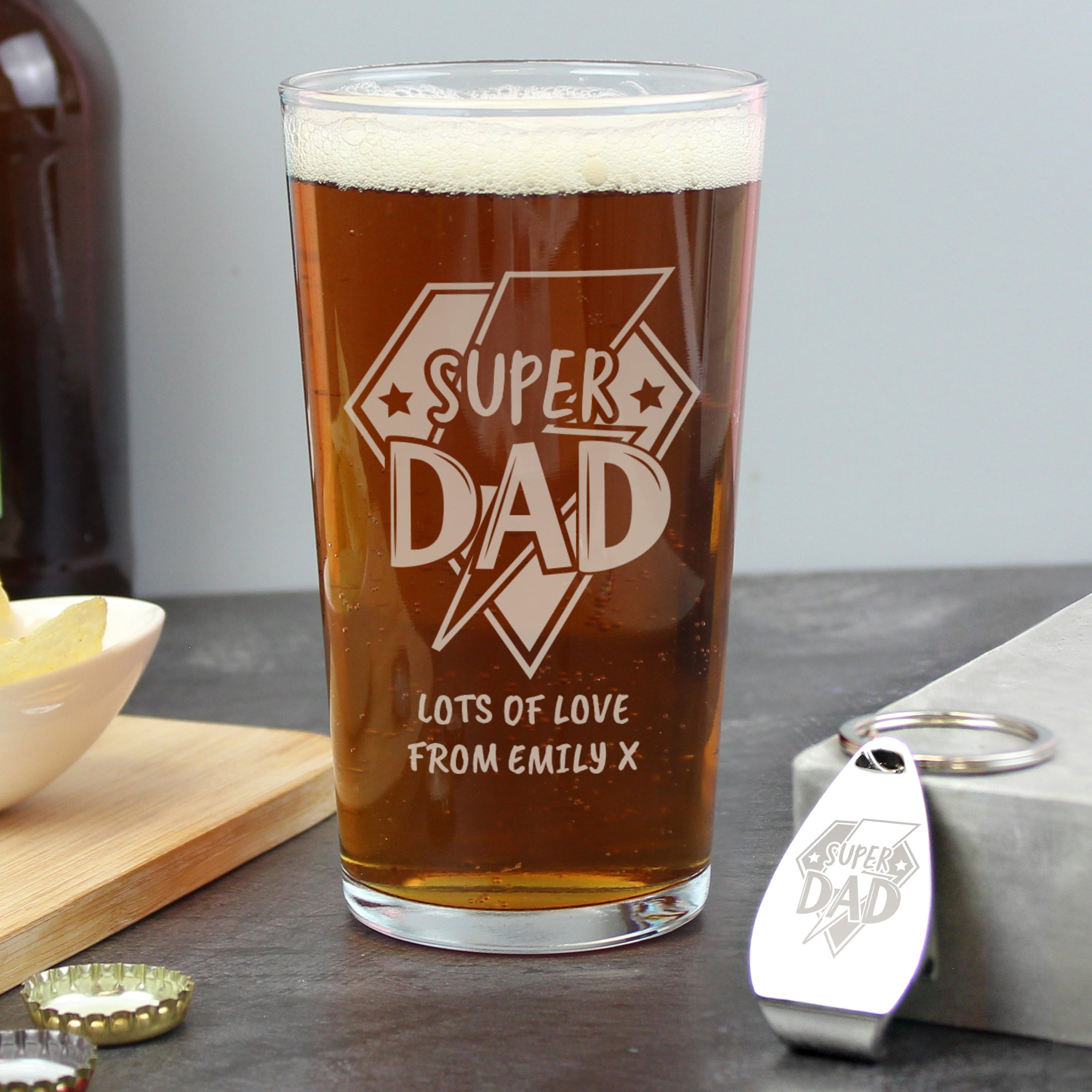 Personalised Super Dad Pint Glass & Bottle Opener: 1 - Beer Glasses By Gift Moments