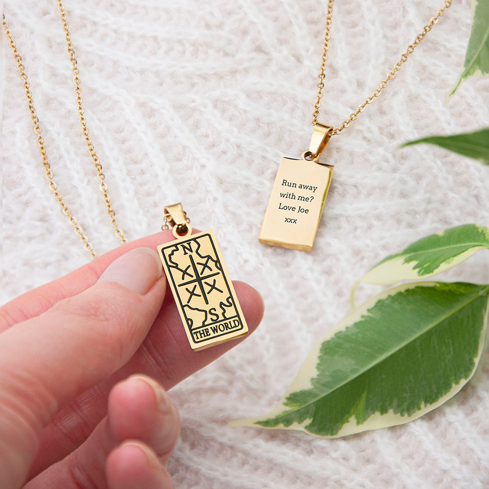 Personalised Tarot Card Gold Necklaces: 7 - World - Necklaces By Gift Moments