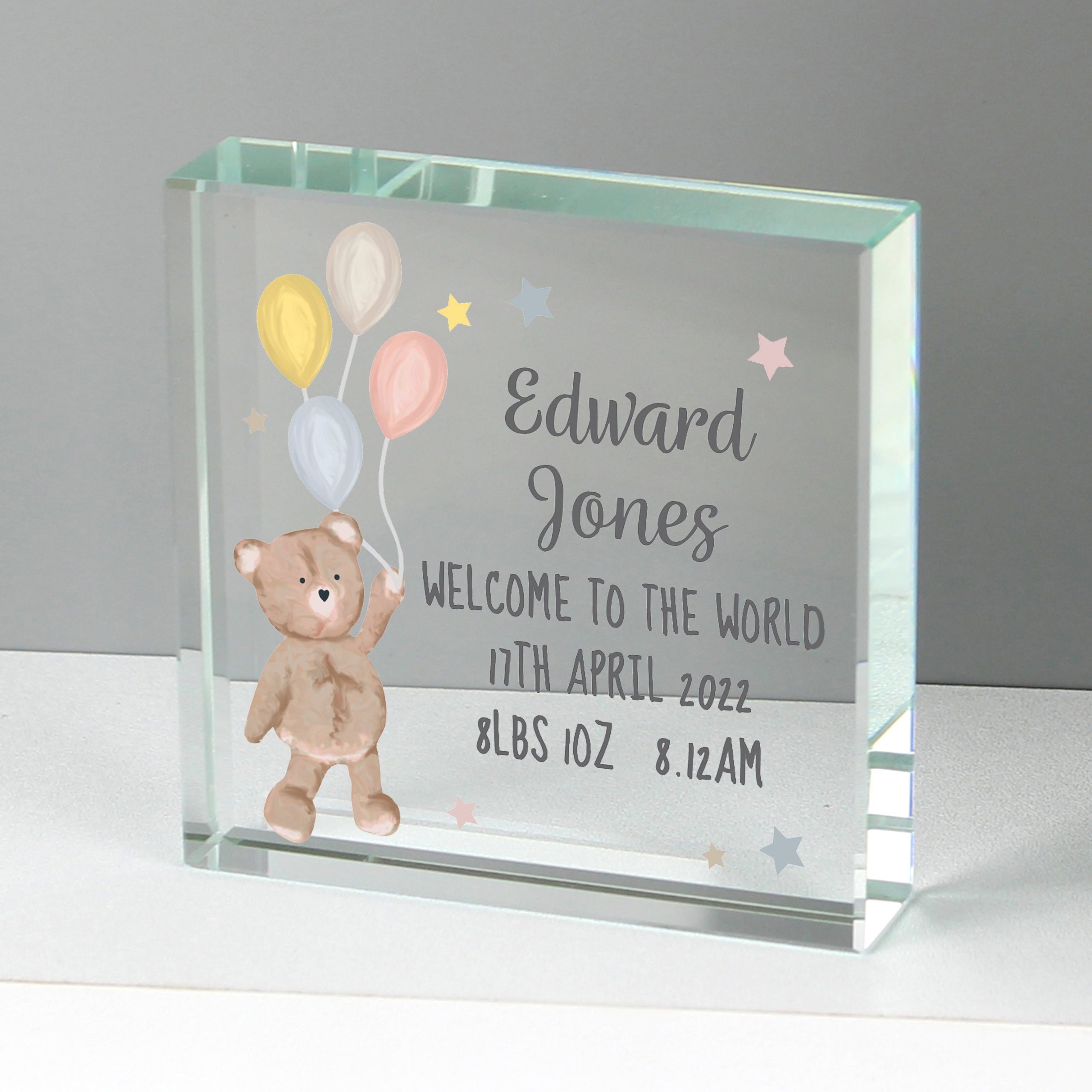 Personalised Teddy & Balloons Crystal Token: 1 - Crystal Tokens By Gift Moments