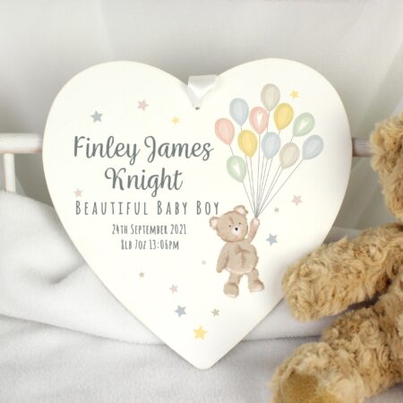 Personalised Teddy & Balloons White Wooden Heart: 1 - Decorations By Gift Moments