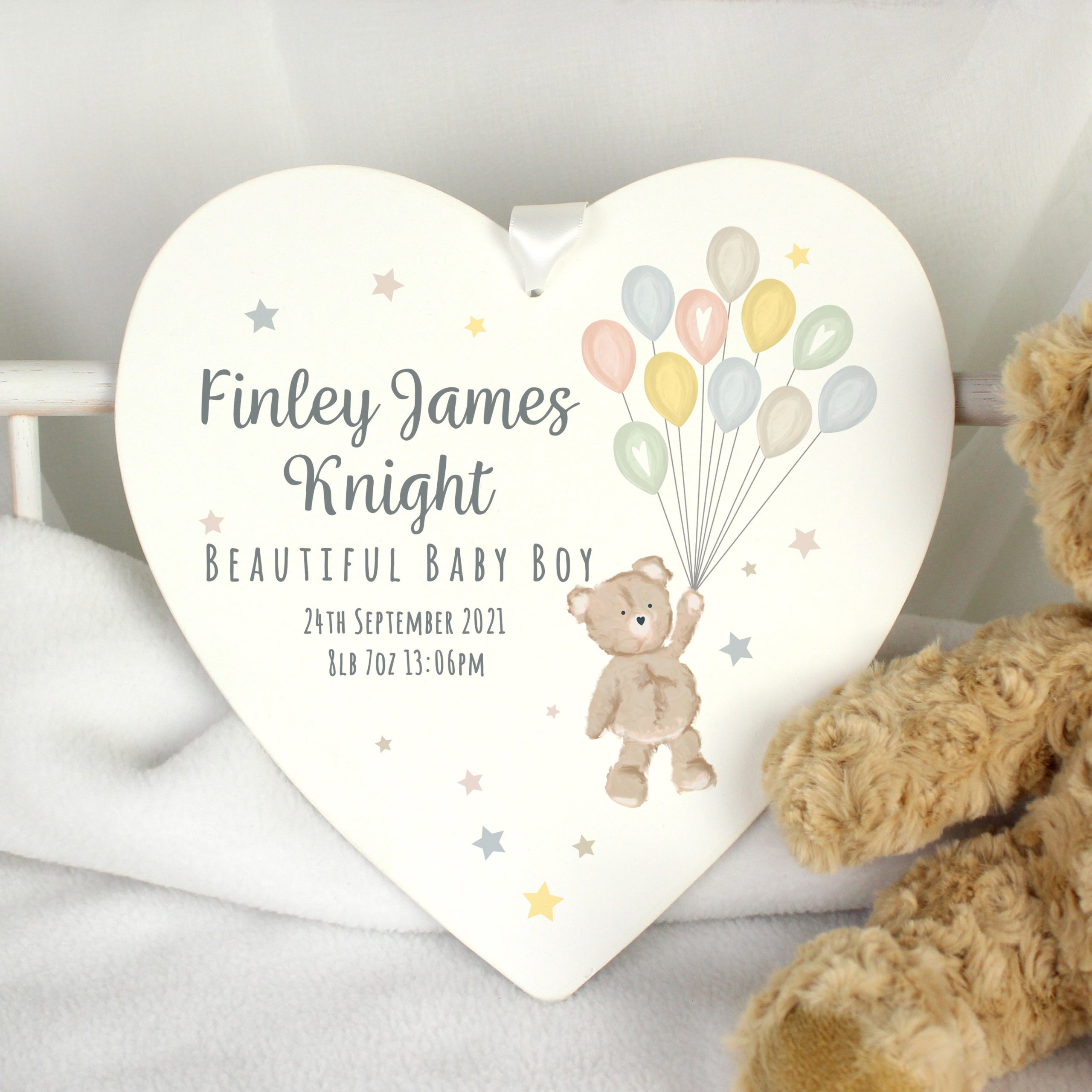 Personalised Teddy & Balloons White Wooden Heart: 1 - Decorations By Gift Moments