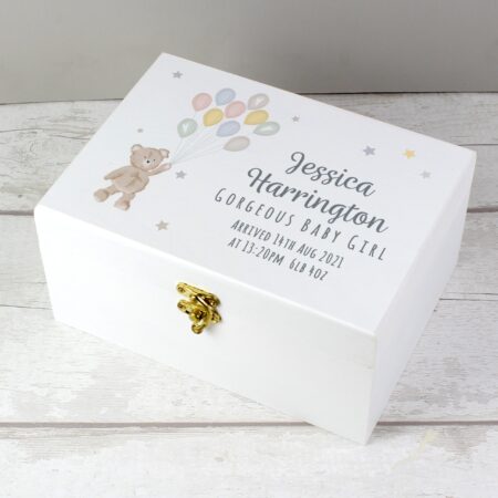 Personalised Teddy & Balloons White Wooden Keepsake Box: 1 - Keepsake Boxes By Gift Moments