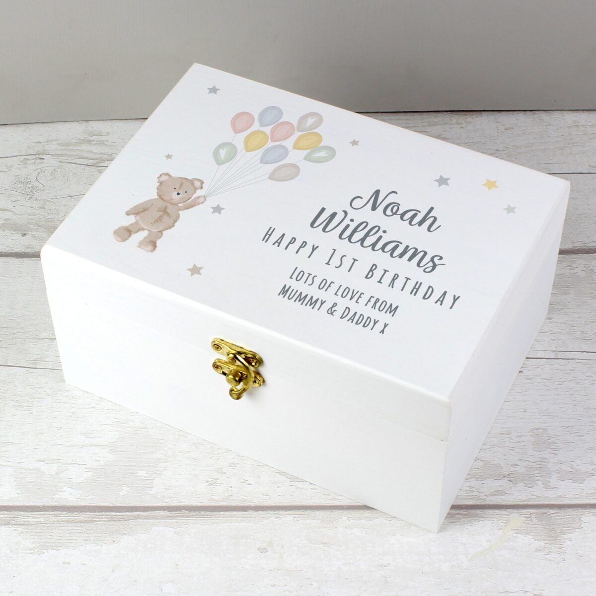 Personalised Teddy & Balloons White Wooden Keepsake Box: 5 - Keepsake Boxes By Gift Moments