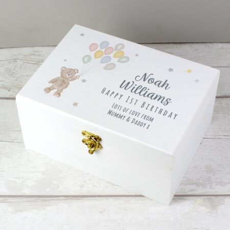 Personalised Teddy & Balloons White Wooden Keepsake Box: 5 - Keepsake Boxes By Gift Moments