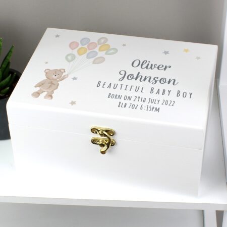 Personalised Teddy & Balloons White Wooden Keepsake Box: 3 - Keepsake Boxes By Gift Moments
