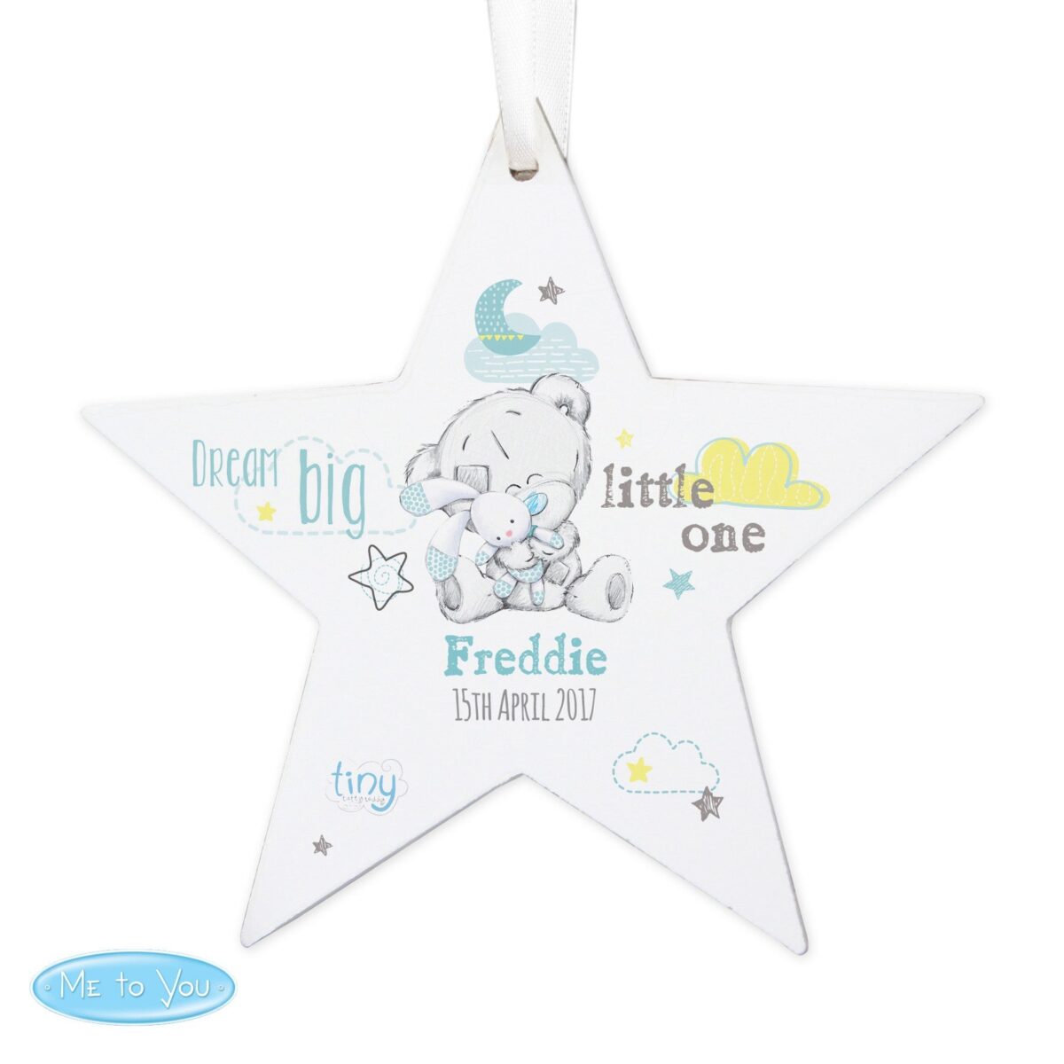 Personalised Tiny Tatty Teddy Blue Wooden Star Decoration: 5 - Decorations