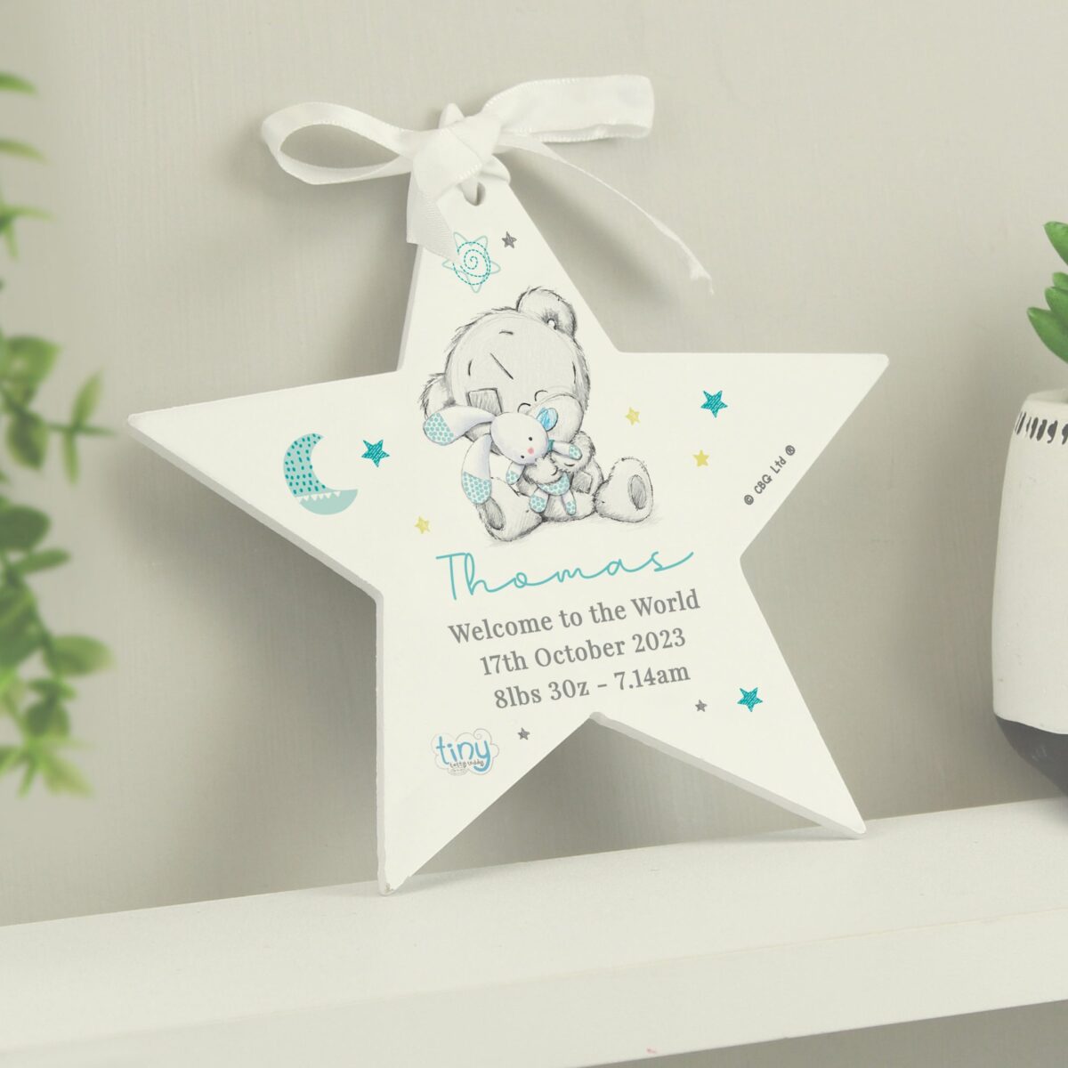 Personalised Tiny Tatty Teddy Blue Wooden Star Decoration: 6 - Decorations