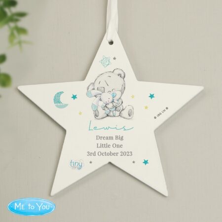 Personalised Tiny Tatty Teddy Blue Wooden Star Decoration: 2 - Decorations