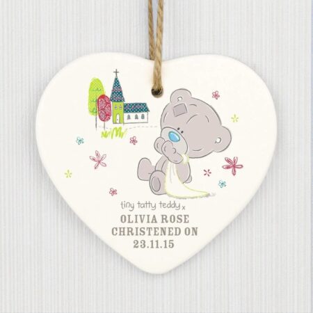 Personalised Tiny Tatty Teddy Christening Ceramic Heart Decoration: 1 - Signs & Plaques