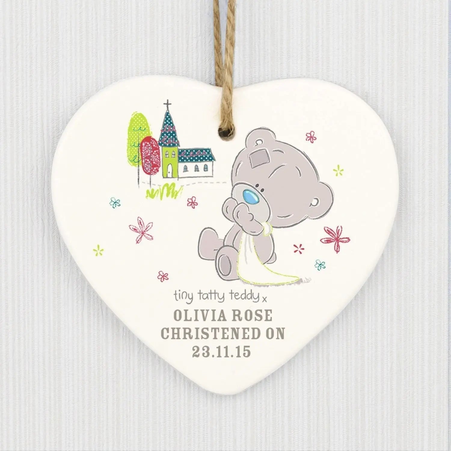 Personalised Tiny Tatty Teddy Christening Ceramic Heart Decoration: 1 - Signs & Plaques