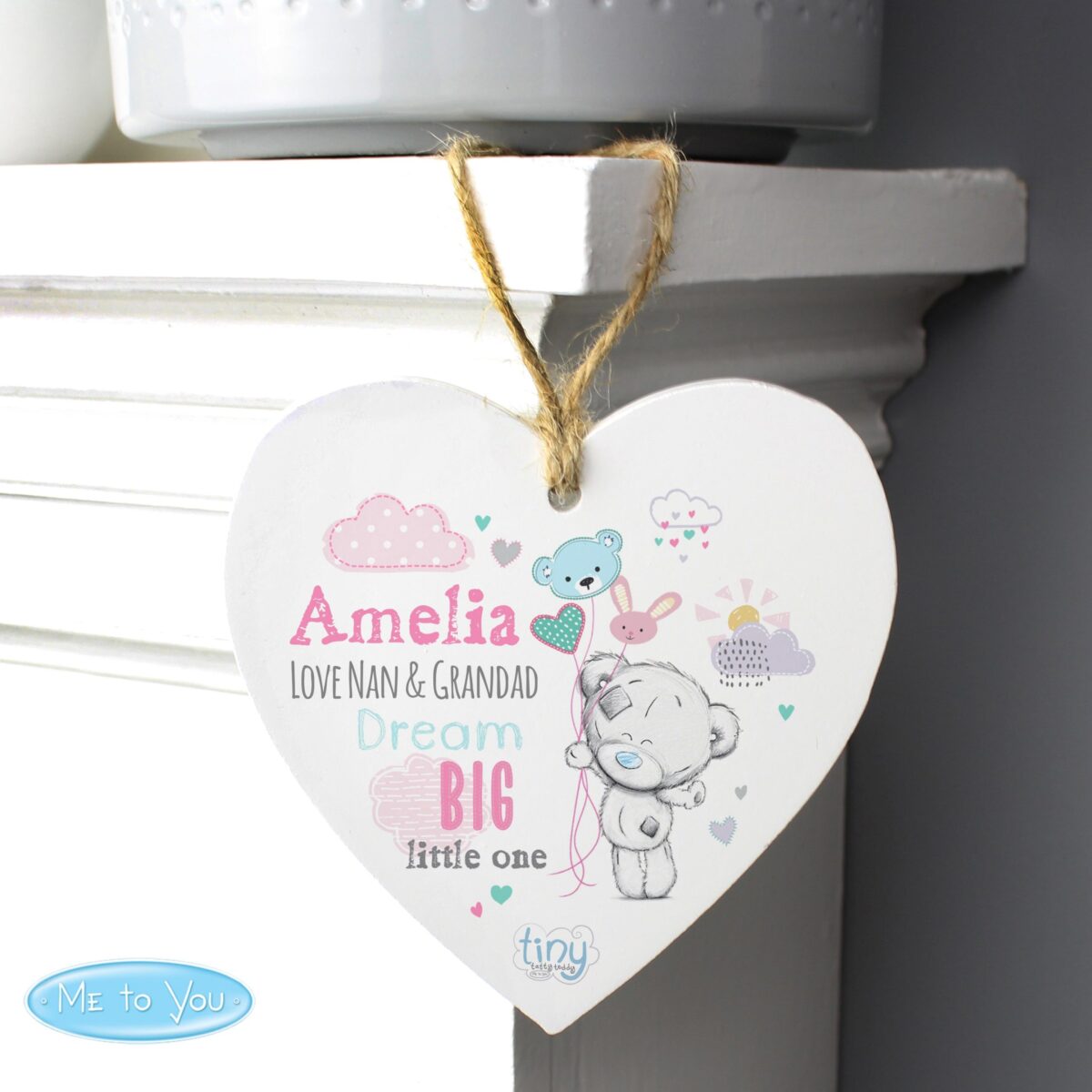 Personalised Tiny Tatty Teddy Pink Wooden Heart Decoration: 7 - Decorations