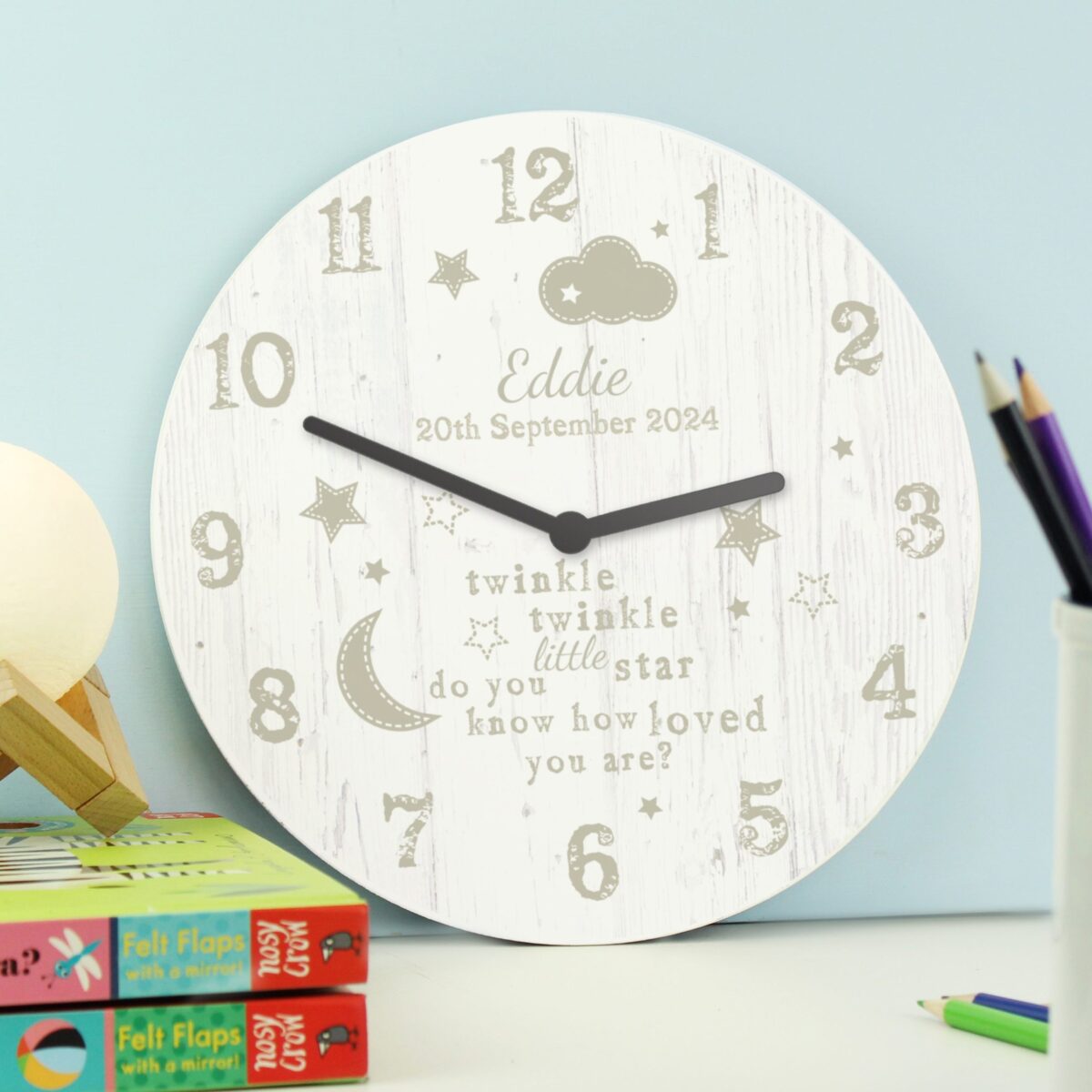 Personalised Twinkle Twinkle Nursery Wooden Clock: 1 - Clocks By Gift Moments