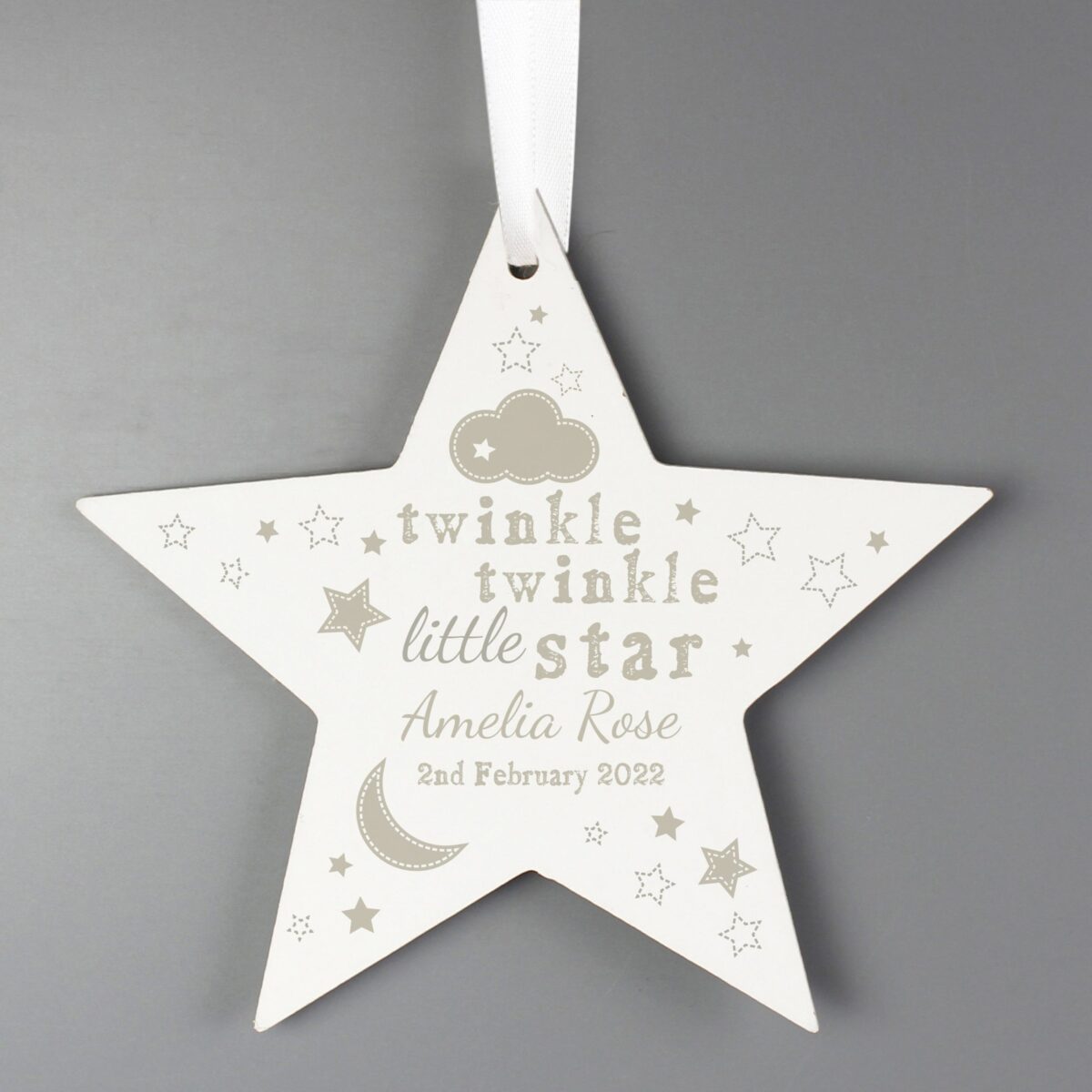 Personalised Twinkle Twinkle Wooden Star Decoration: 4 - Decorations By Gift Moments
