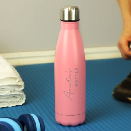 Personalised Two Lines Pink Metal Insulated Drinks Bottle: 4 - Water Bottles By Gift Moments