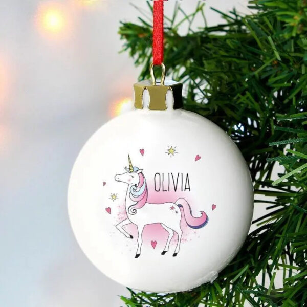 Personalised Unicorn Bauble: 2 - Christmas Baubles By Gift Moments