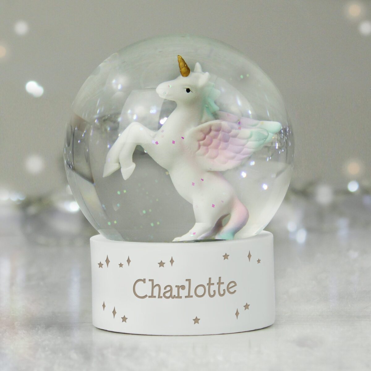 Personalised unicorn name snow globe