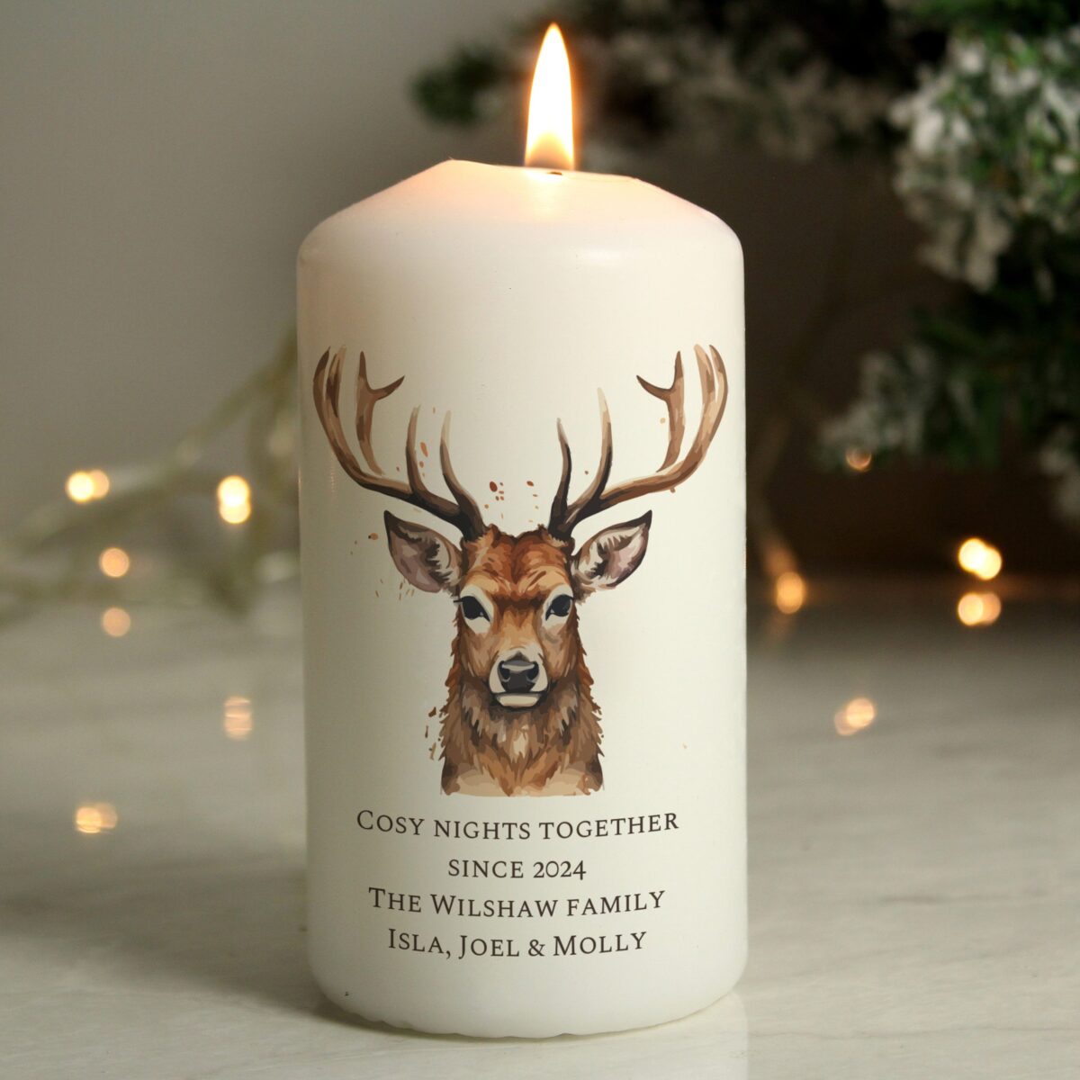 Personalised Watercolour Stag Pillar Candle: 2 - Candle Holders By Gift Moments