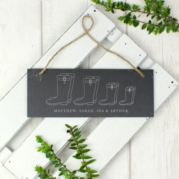 Personalised Welly Boot Family of Four Hanging Slate Plaque: 2 - Signs & Plaques By Gift Moments