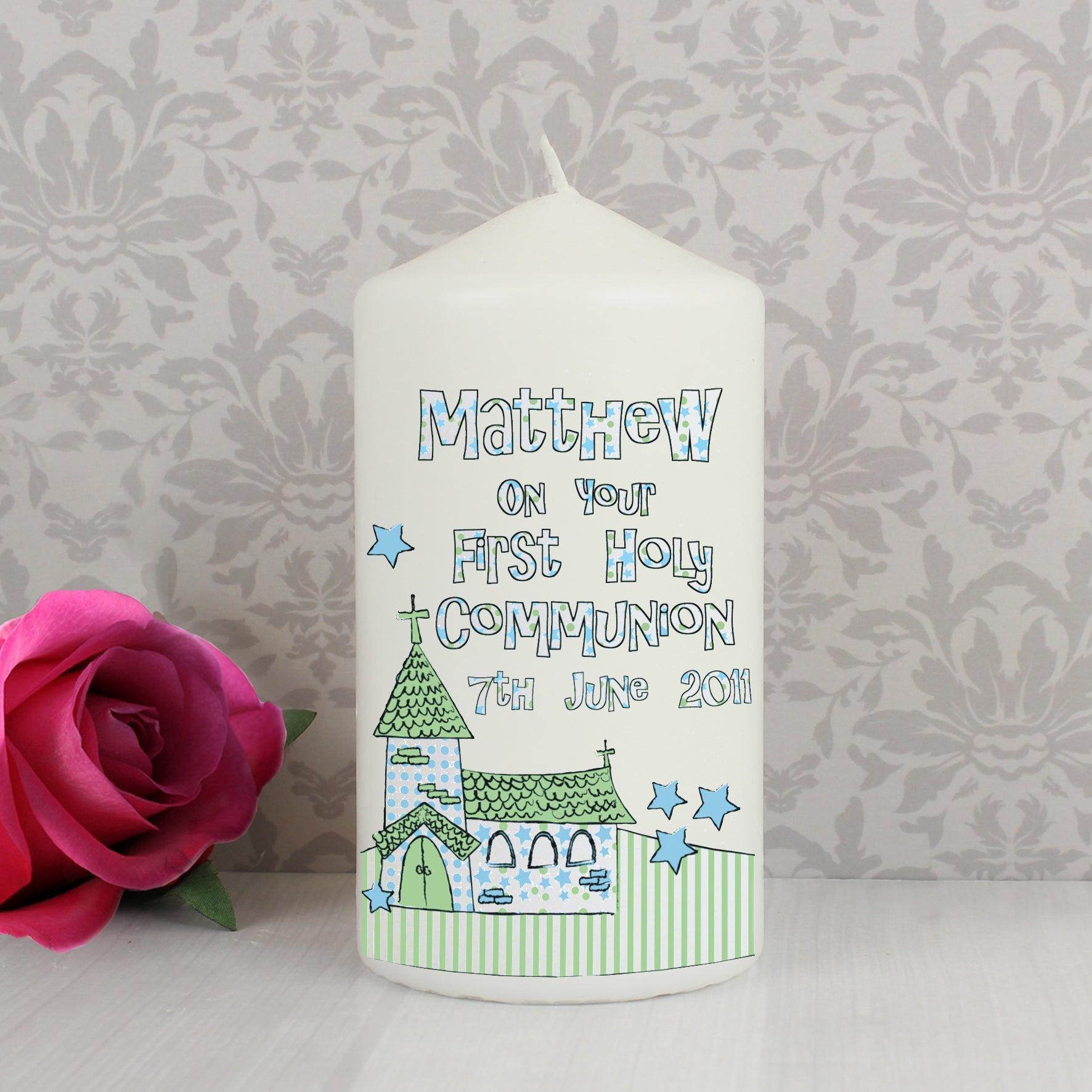 Personalised Whimsical Church Blue 1st Holy Communion Pillar Candle: 1 - Candles By Gift Moments