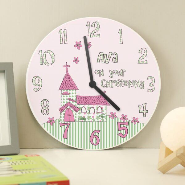 Personalised Whimsical Church Christening Clock: 2 - Clocks By Gift Moments
