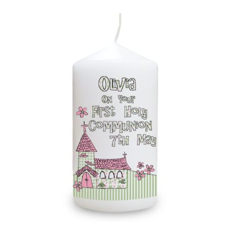 Personalised Whimsical Church Pink 1st Holy Communion Pillar Candle: 2 - Candles By Gift Moments