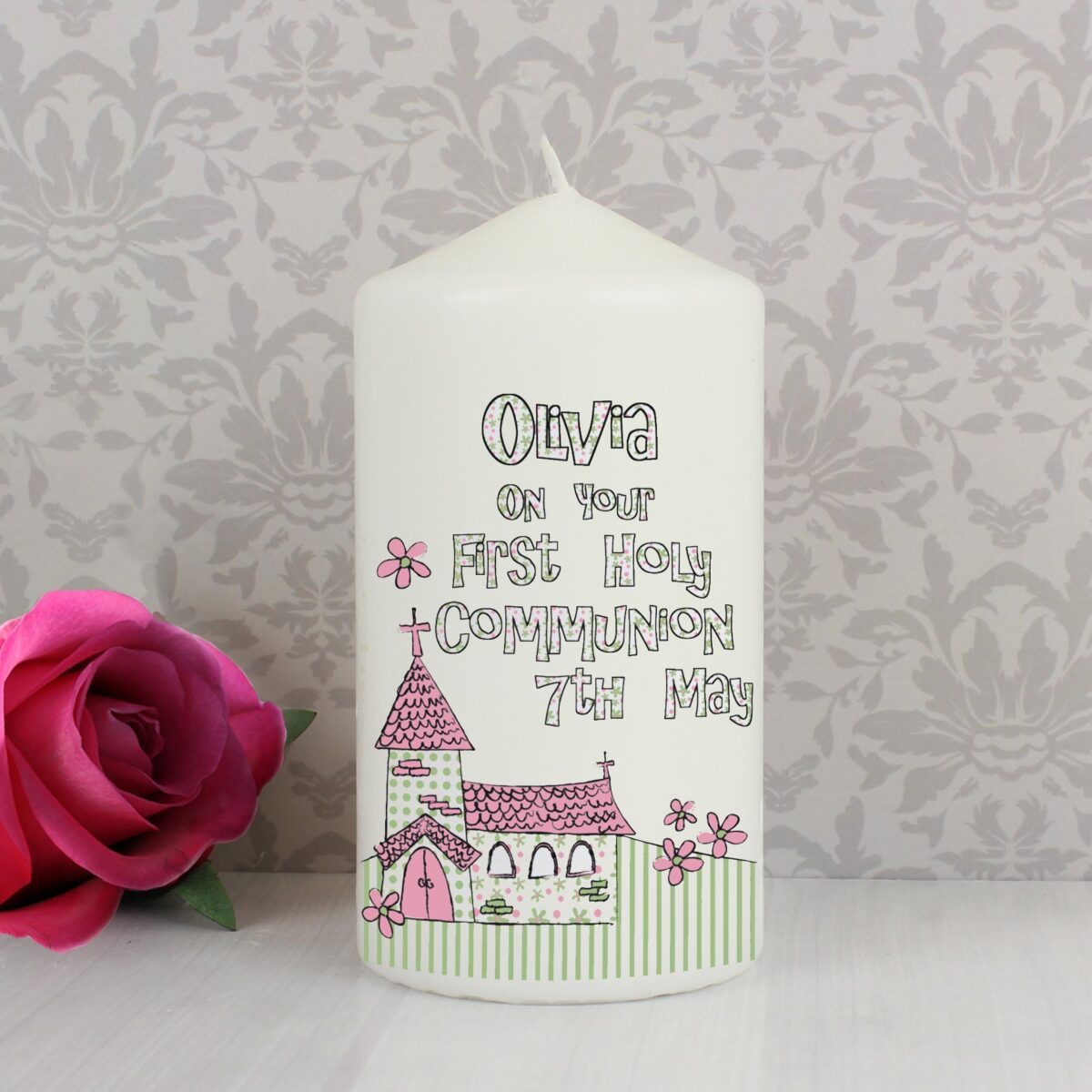 Personalised Whimsical Church Pink 1st Holy Communion Pillar Candle: 1 - Candles By Gift Moments