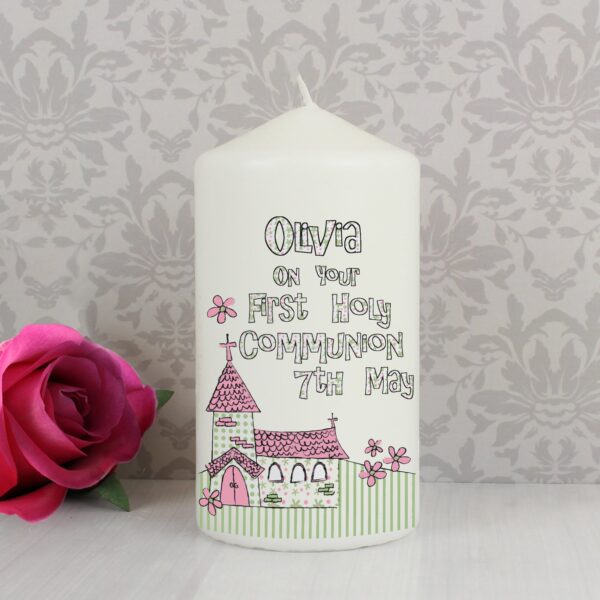 Personalised Whimsical Church Pink 1st Holy Communion Pillar Candle: 1 - Candles By Gift Moments
