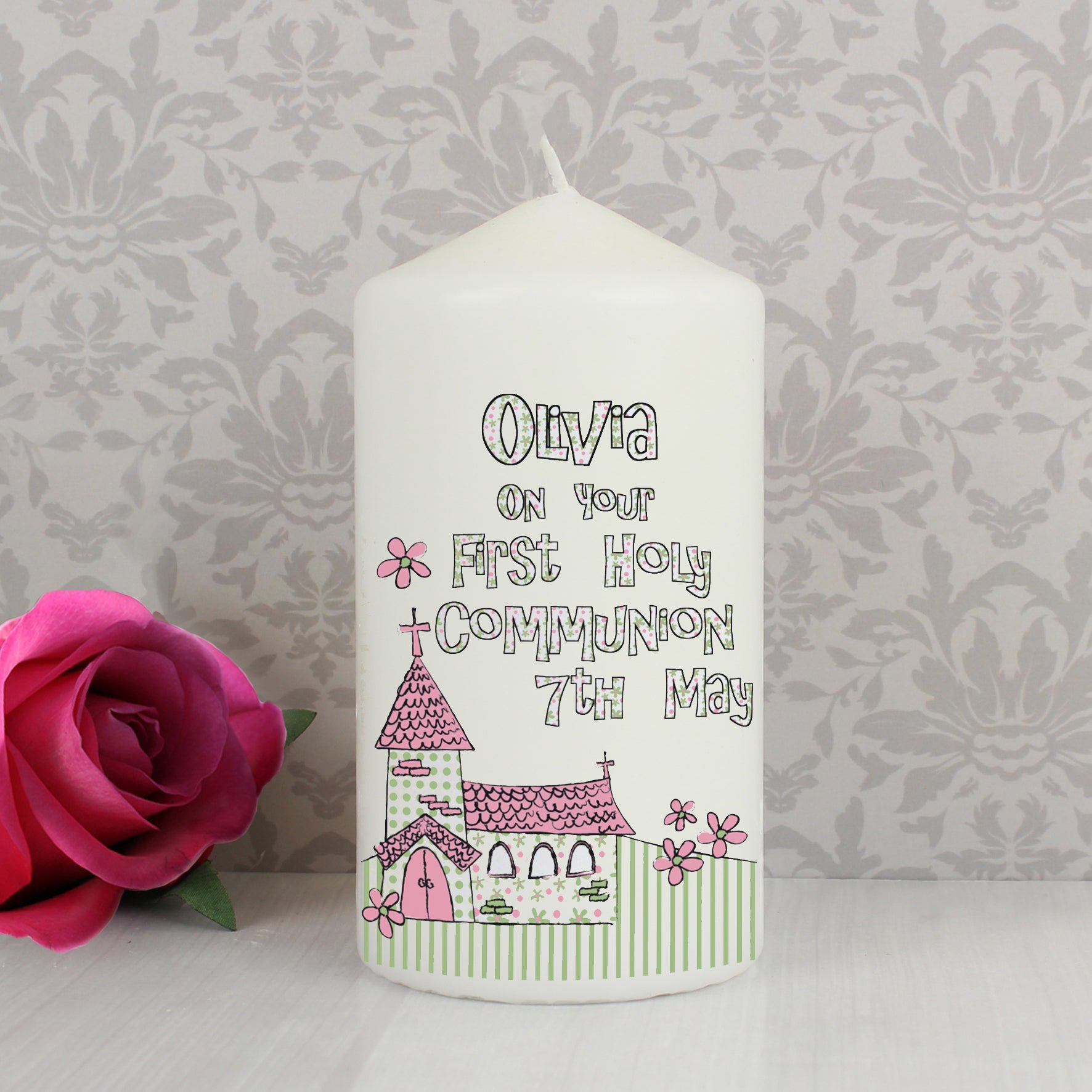 Personalised Whimsical Church Pink 1st Holy Communion Pillar Candle: 1 - Candles By Gift Moments
