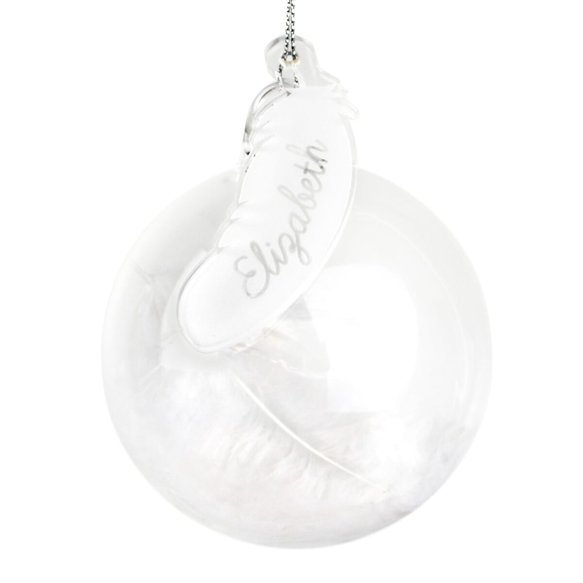 Personalised white feather glass bauble