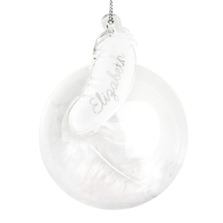 Personalised white feather glass bauble