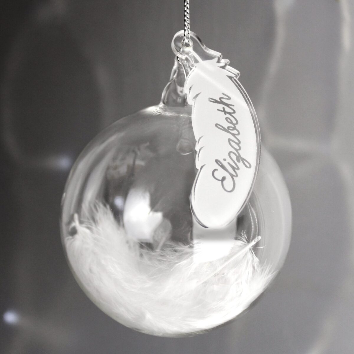 Personalised white feather glass bauble