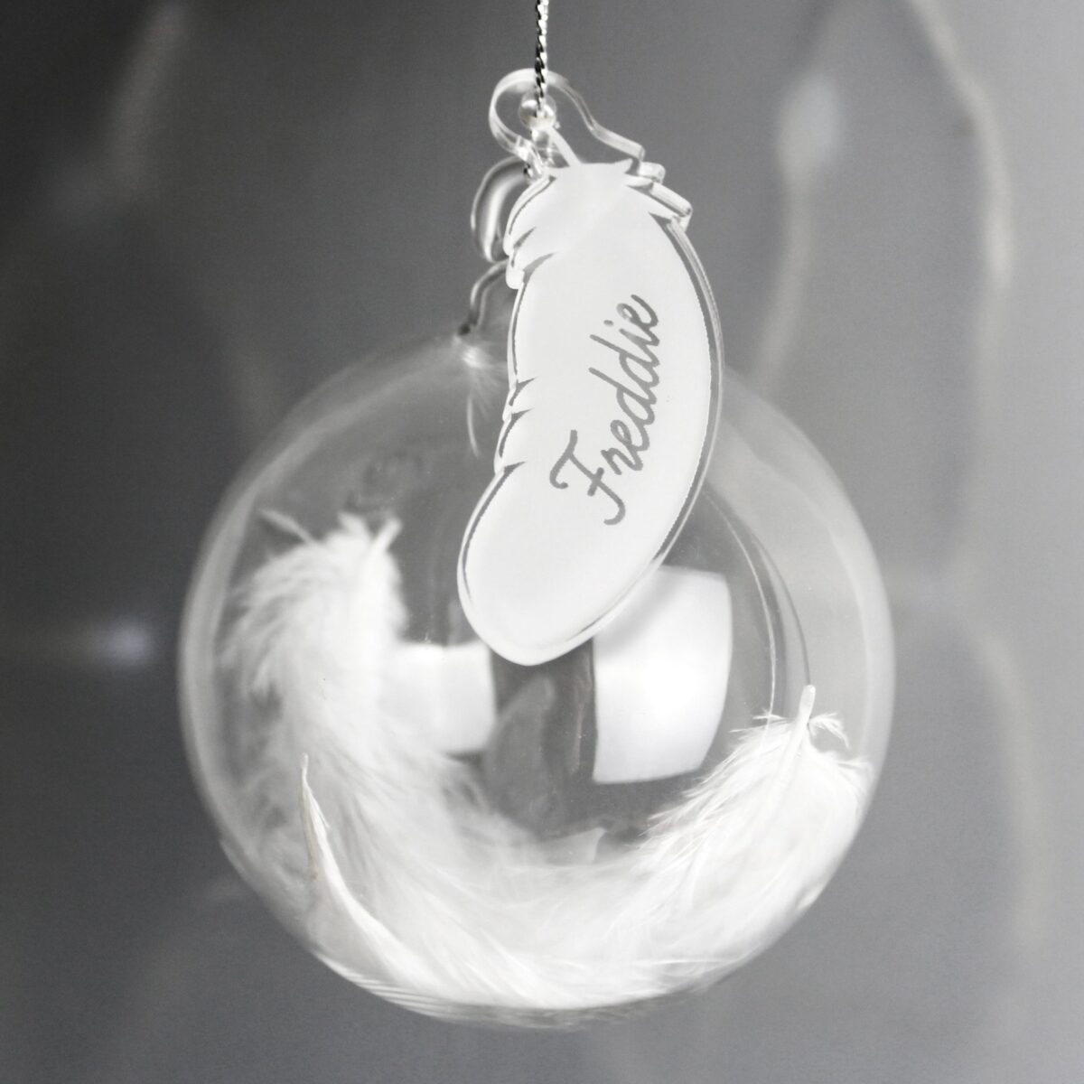Personalised white feather glass bauble