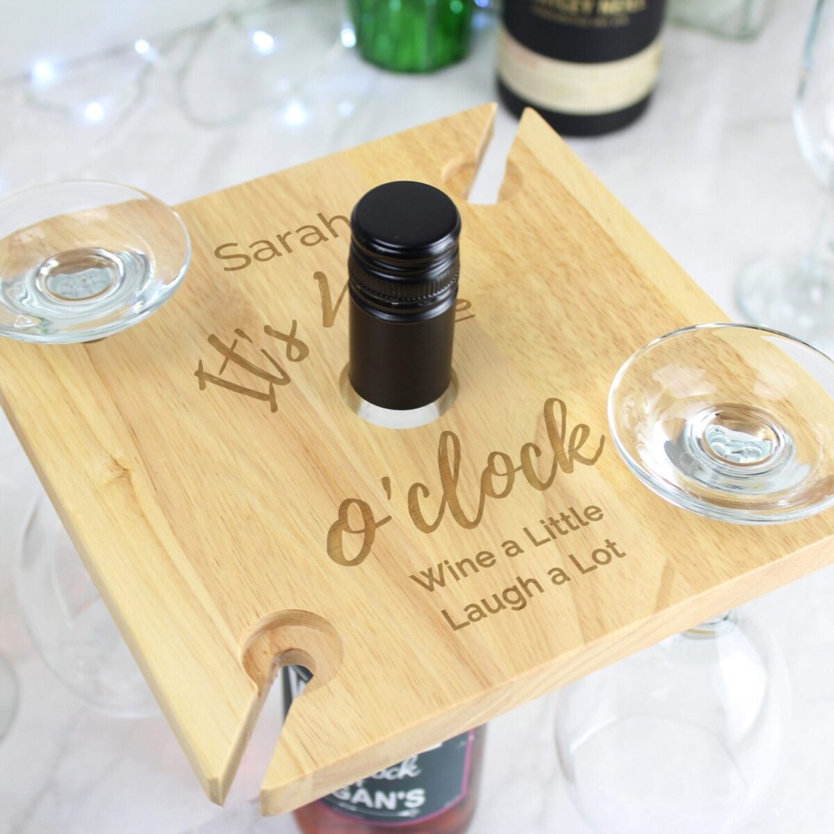 Personalised Wine O’clock Four Wine Glass Holder & Bottle Holder: 3 - Wine Glasses By Gift Moments