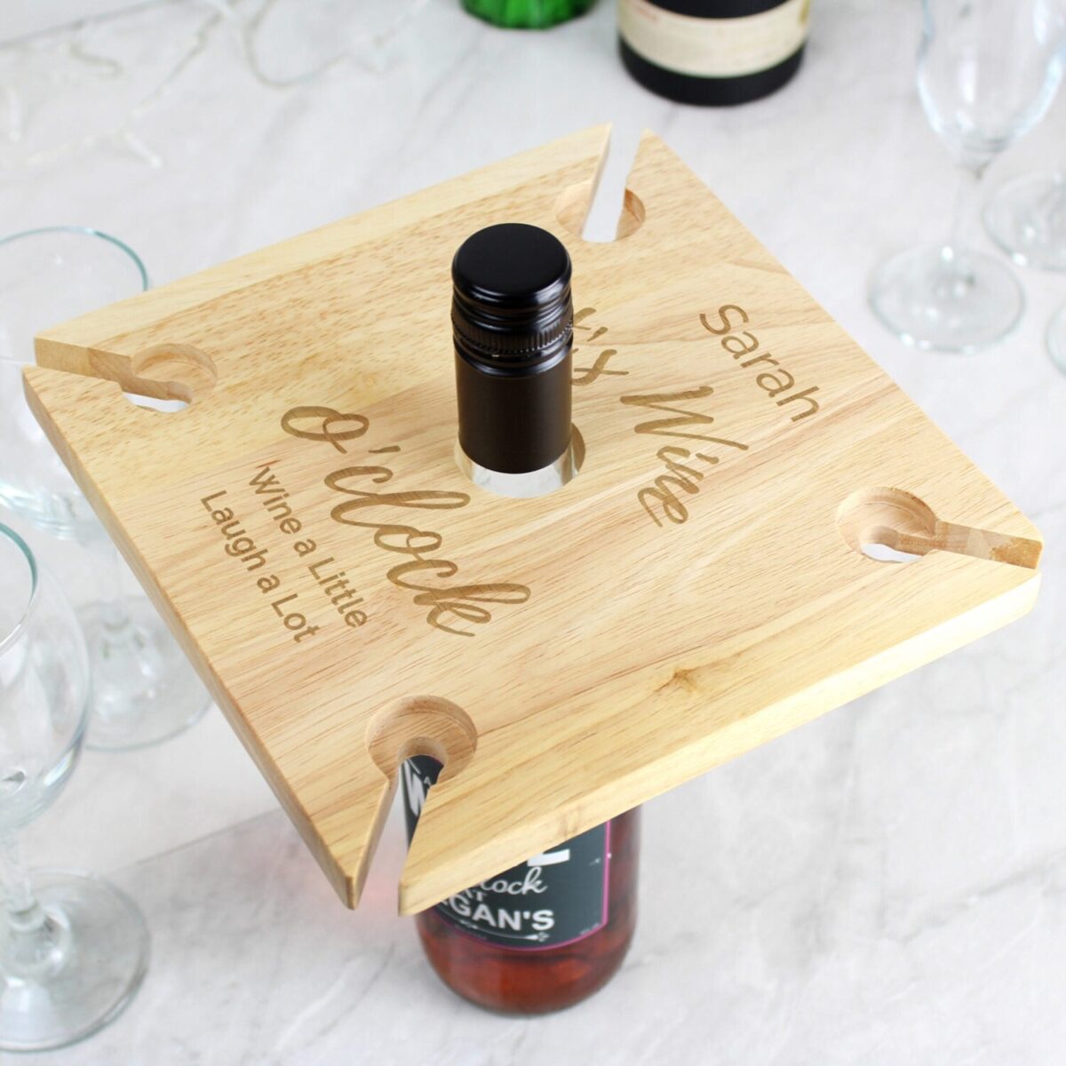 Personalised Wine O’clock Four Wine Glass Holder & Bottle Holder: 5 - Wine Glasses By Gift Moments