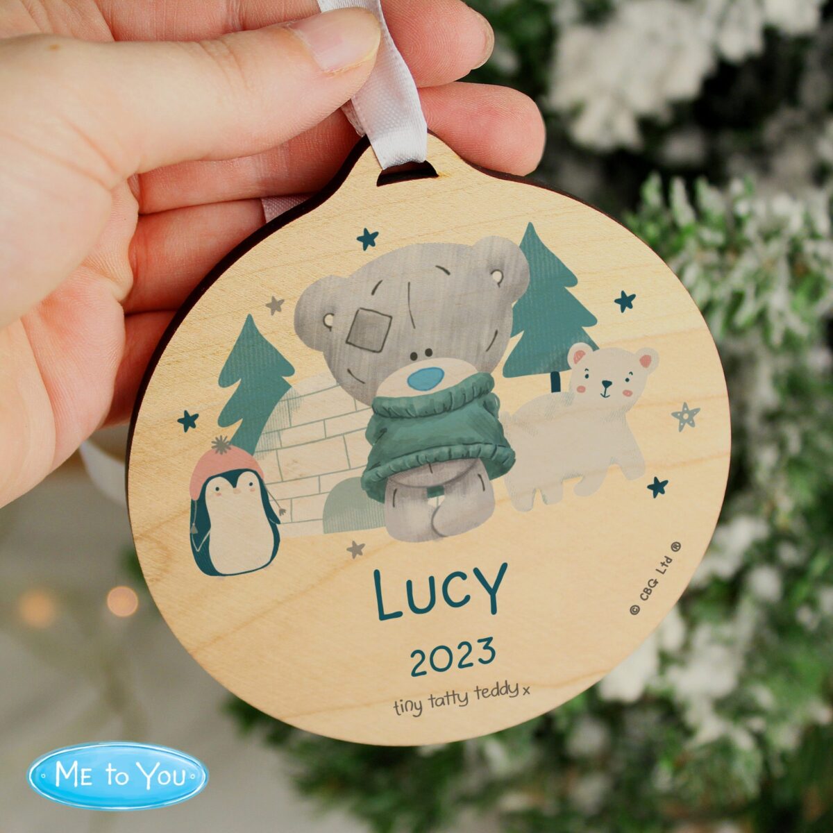 Personalised Winter Explorer Tiny Tatty Teddy Round Wooden Decoration: 2 - Christmas Decorations