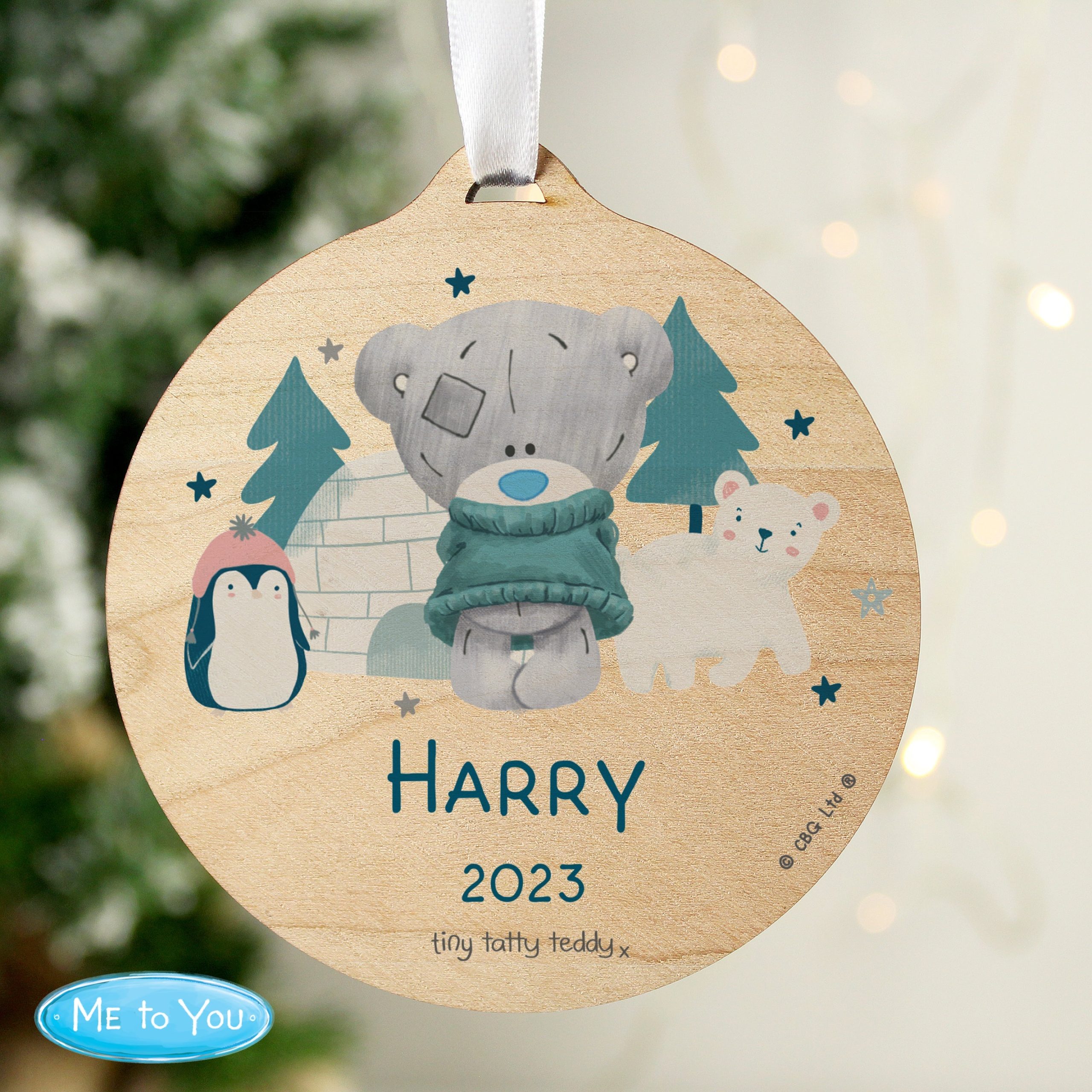 Personalised Winter Explorer Tiny Tatty Teddy Round Wooden Decoration: 1 - Christmas Decorations