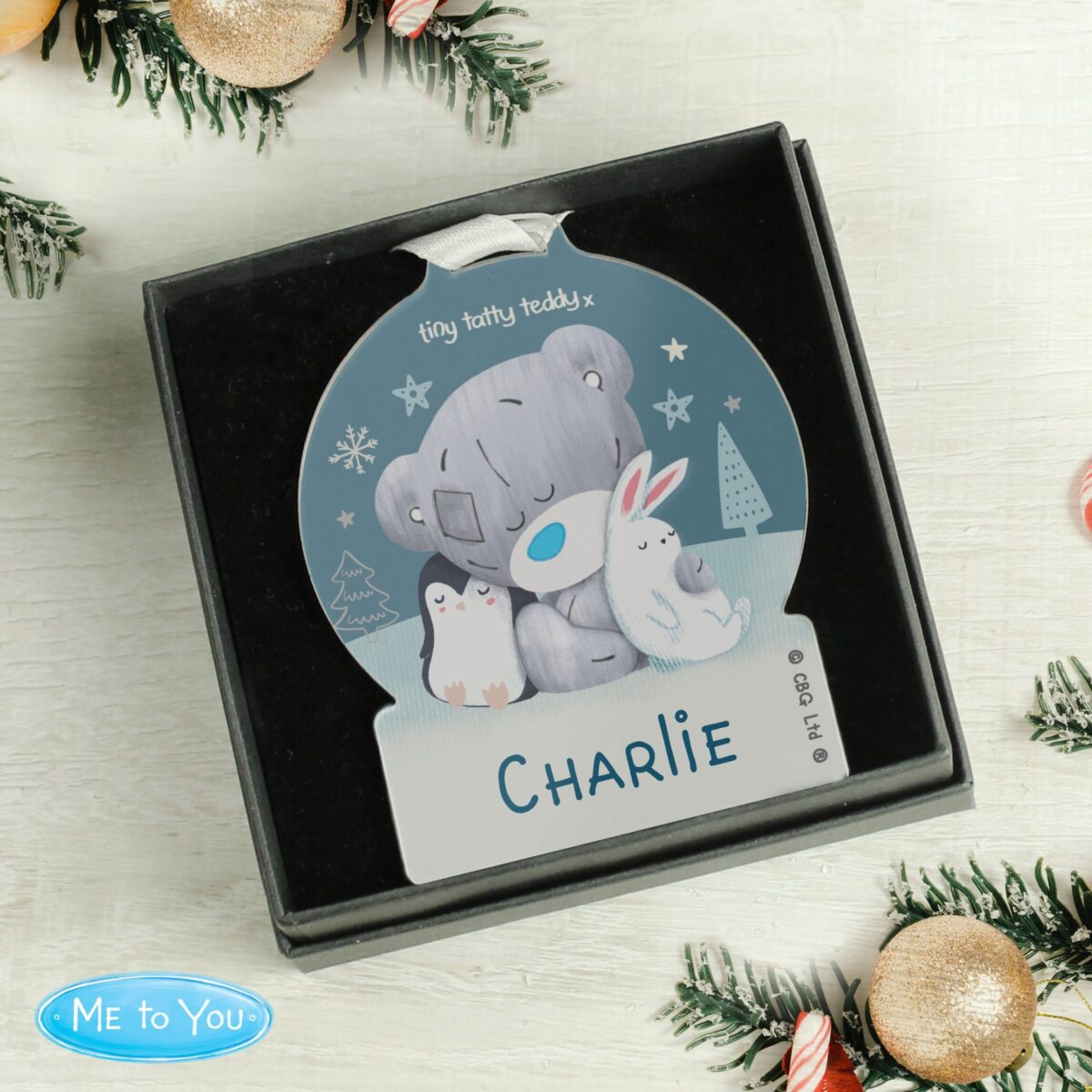 Personalised Winter Explorer Tiny Tatty Teddy Snow Globe Decoration: 2 - Christmas Decorations