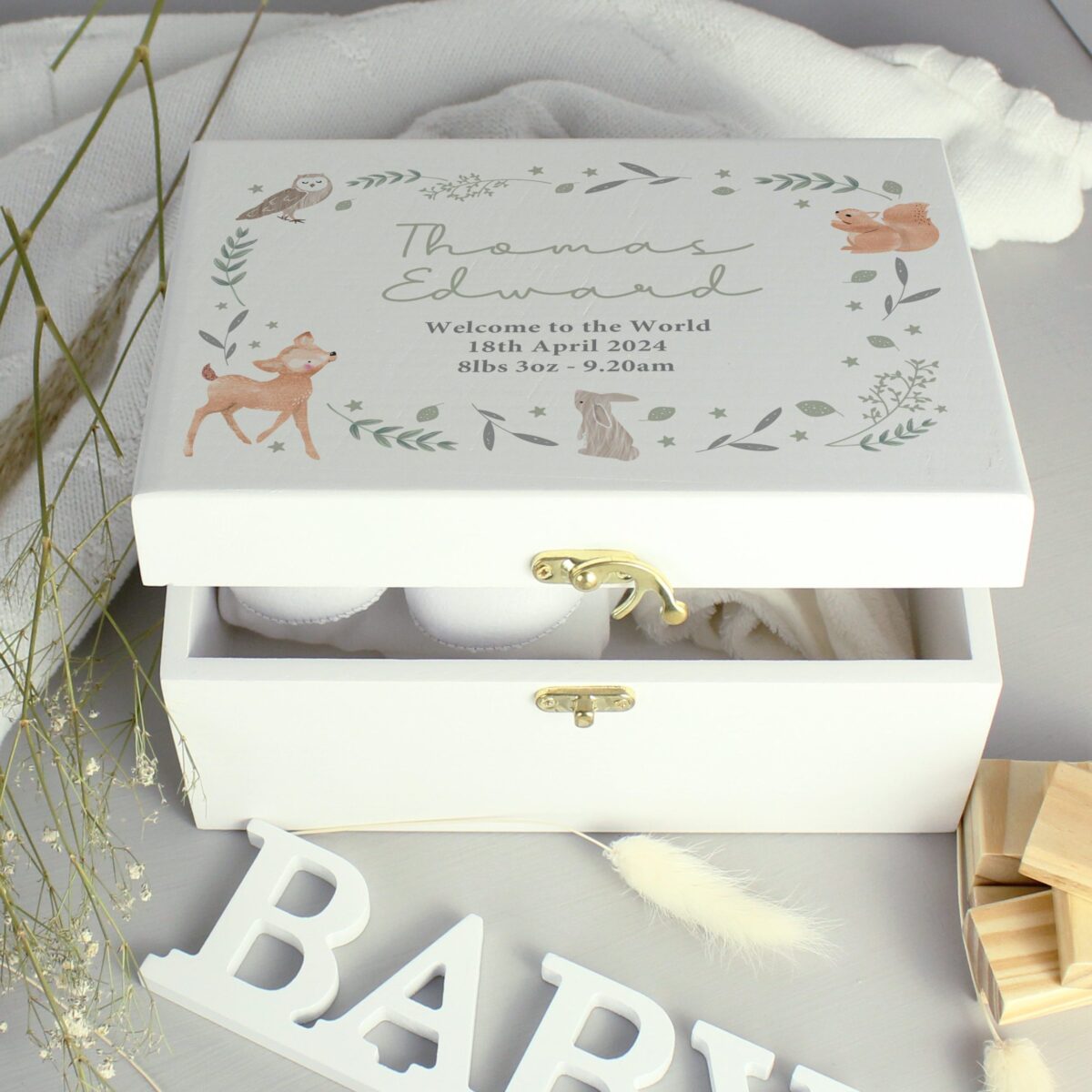 Personalised woodland animal wooden keepsake box