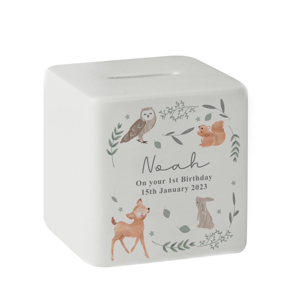 Personalised Woodland Animals Ceramic Square Money Box: 6 - Money Boxes By Gift Moments