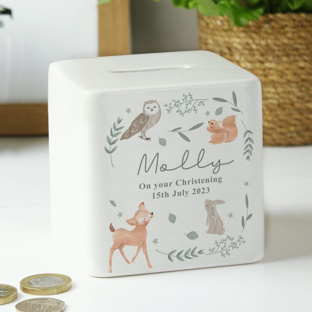 Personalised Woodland Animals Ceramic Square Money Box: 4 - Money Boxes By Gift Moments