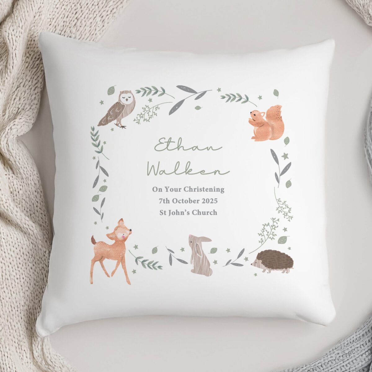 Personalised woodland animals cushion