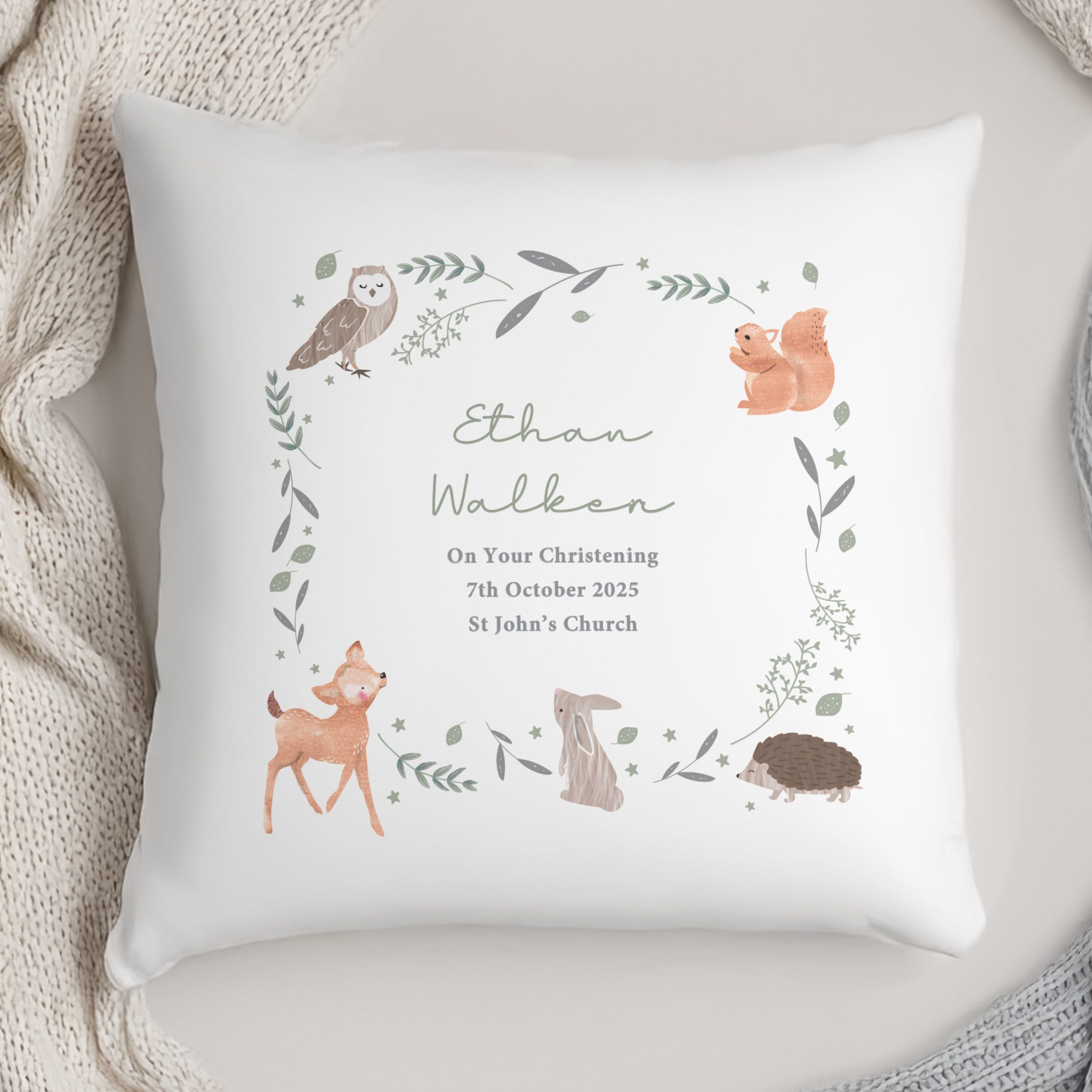 Personalised woodland animals cushion