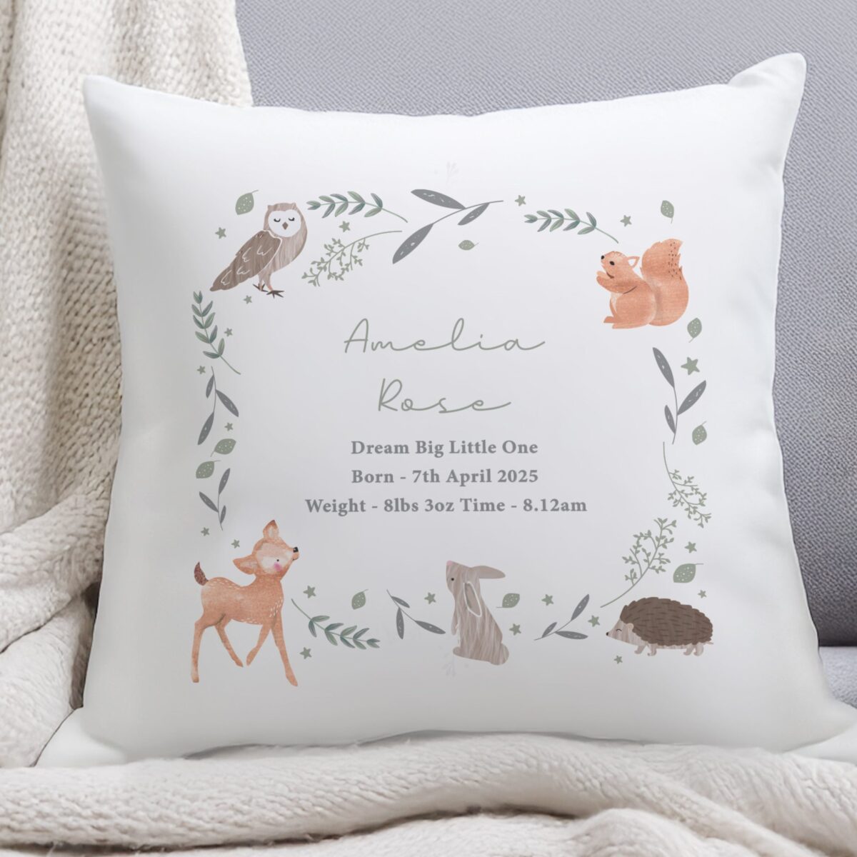 Personalised woodland animals cushion