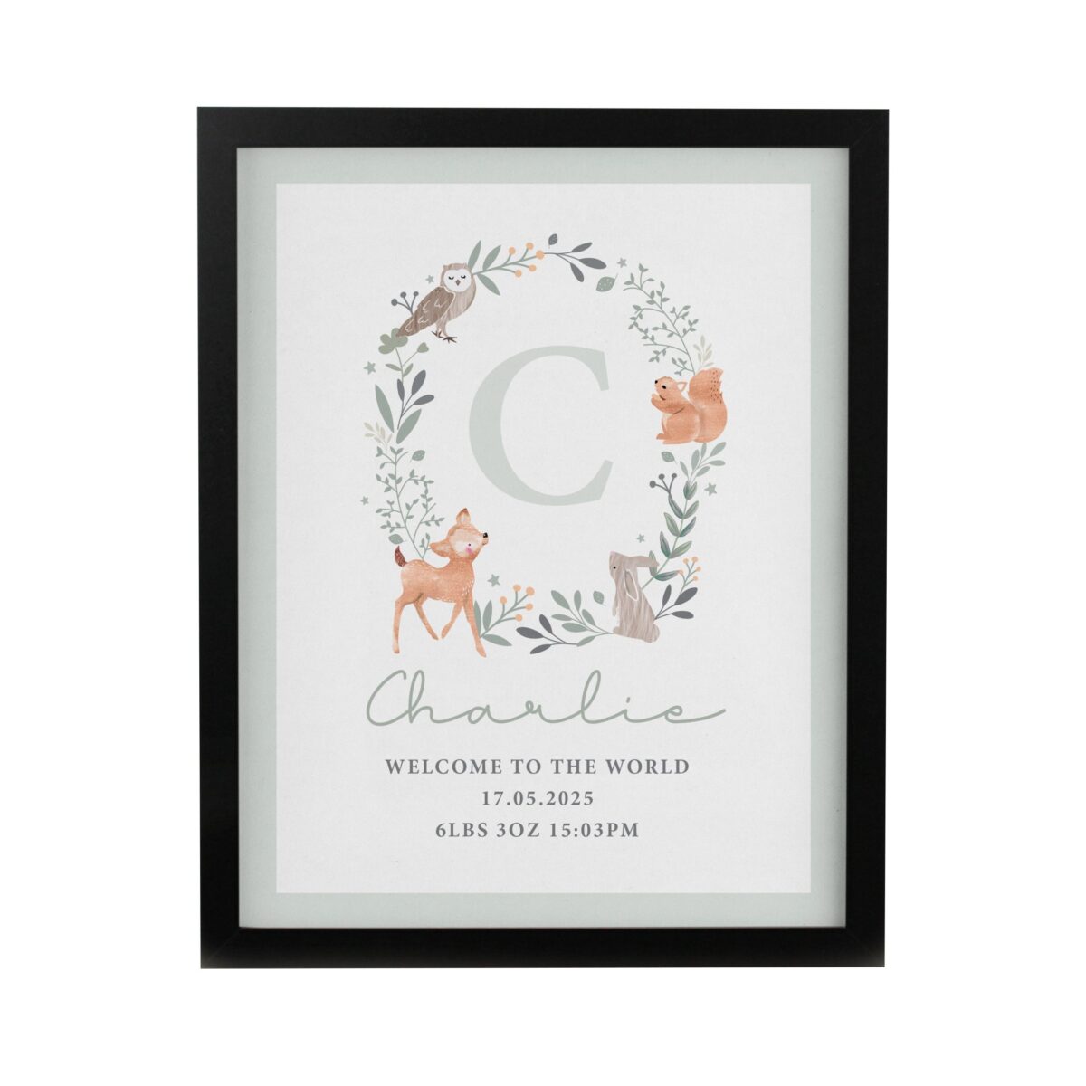 Personalised woodland initial framed prints