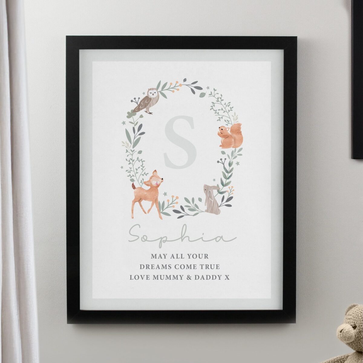 Personalised woodland initial framed prints black