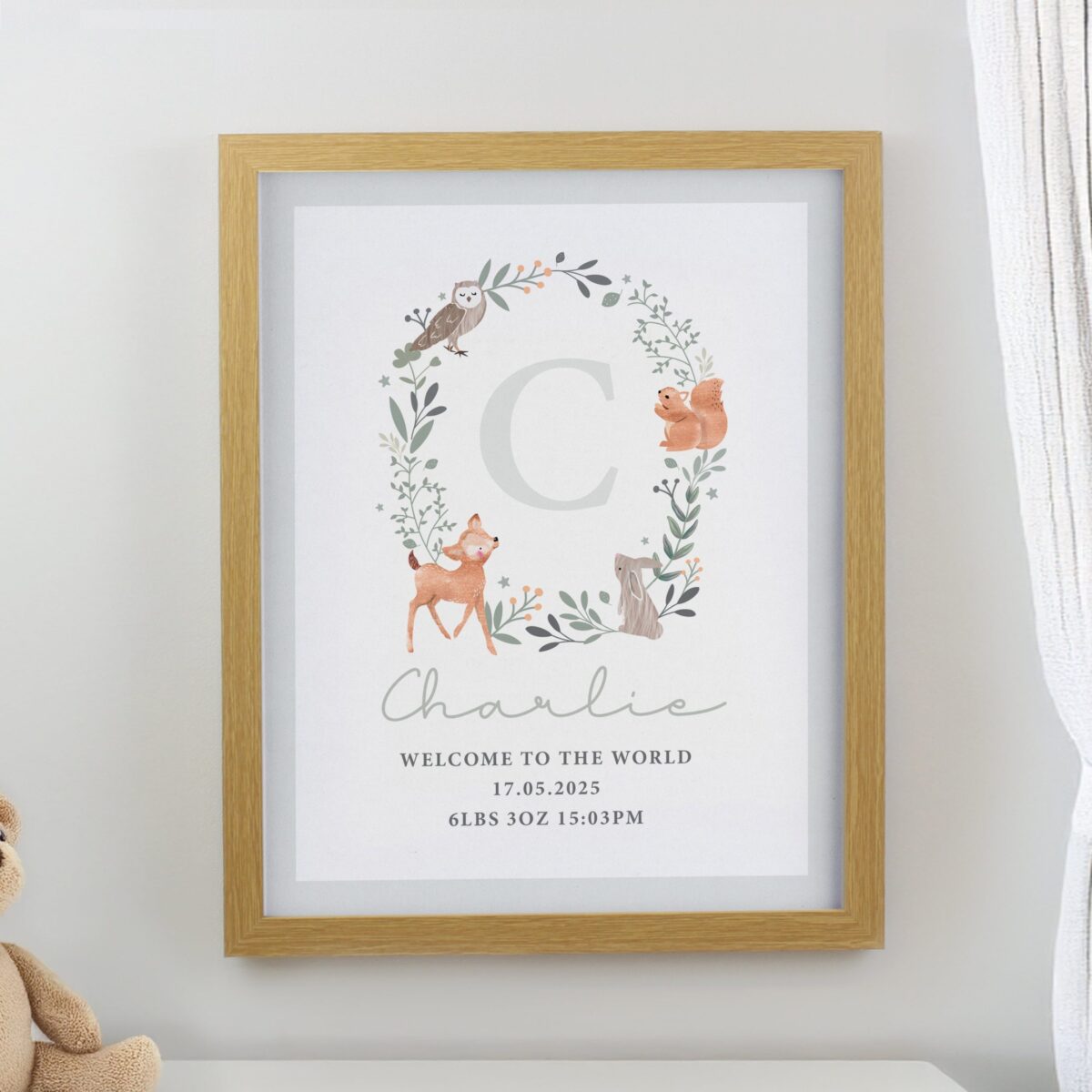 Personalised woodland initial framed prints oak
