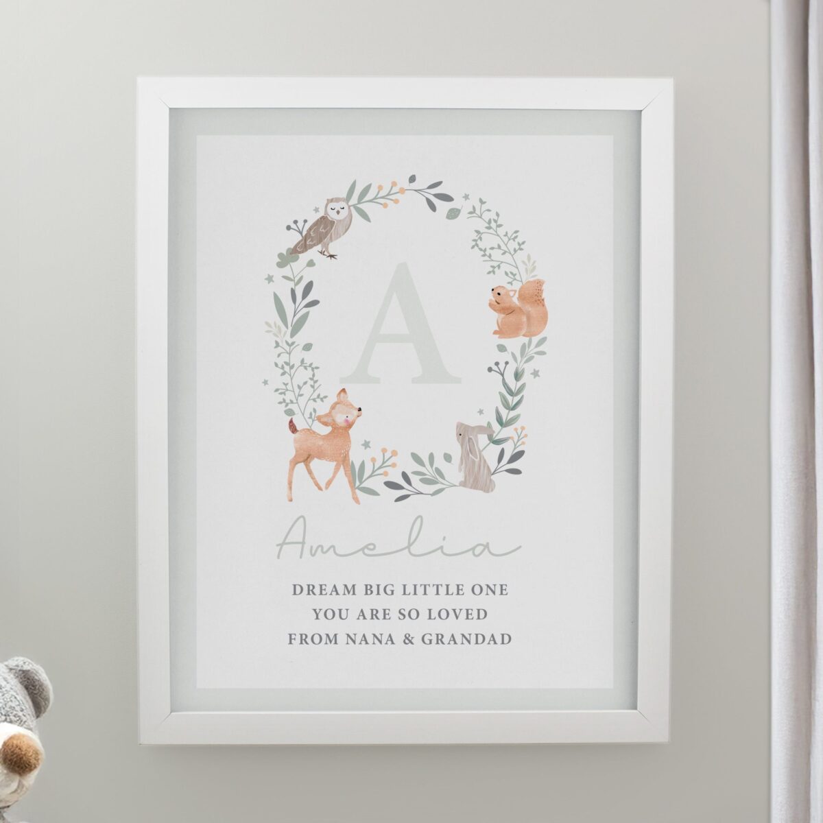 Personalised woodland initial framed prints white